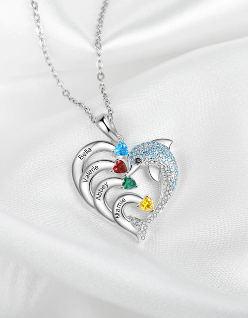 Load image into Gallery viewer, Dolphin Personalized Engraved 2-8 Name Necklace Customized Heart Pendant with Birthstone Christmas Gifts for Mom Family
