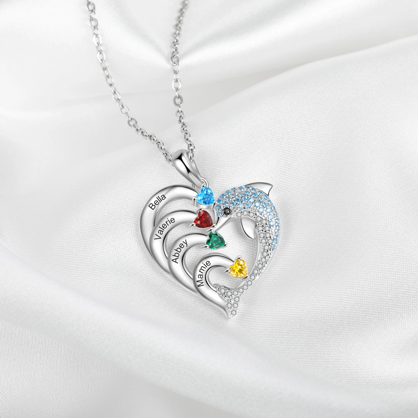 Dolphin Personalized Engraved 2-8 Name Necklace Customized Heart Pendant with Birthstone Christmas Gifts for Mom Family