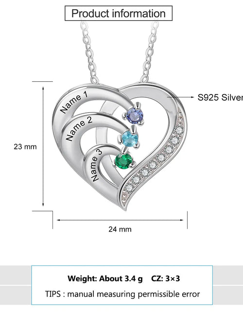 Load image into Gallery viewer, Personalized Heart Necklace with 2-6 Birthstones Custom Engraved Name Mothers Pendant Christmas Gift for Her
