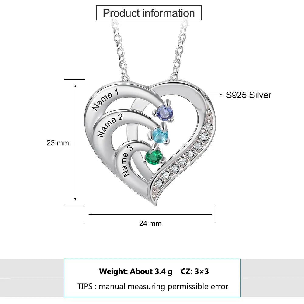 Personalized Heart Necklace with 2-6 Birthstones Custom Engraved Name Mothers Pendant Christmas Gift for Her