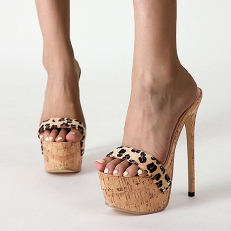 Size 35-42 Platform Slippers For Women Sexy Leopard Grain Dance Sandals Fashion Wooden Thick Bottom High Heels Stripper Shoes