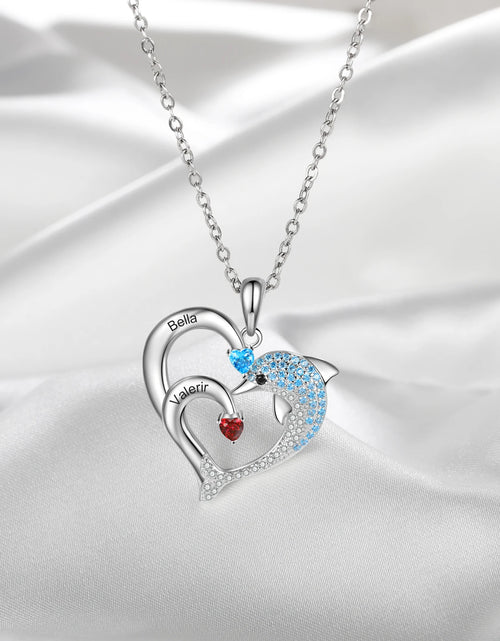 Load image into Gallery viewer, Dolphin Personalized Engraved 2-8 Name Necklace Customized Heart Pendant with Birthstone Christmas Gifts for Mom Family
