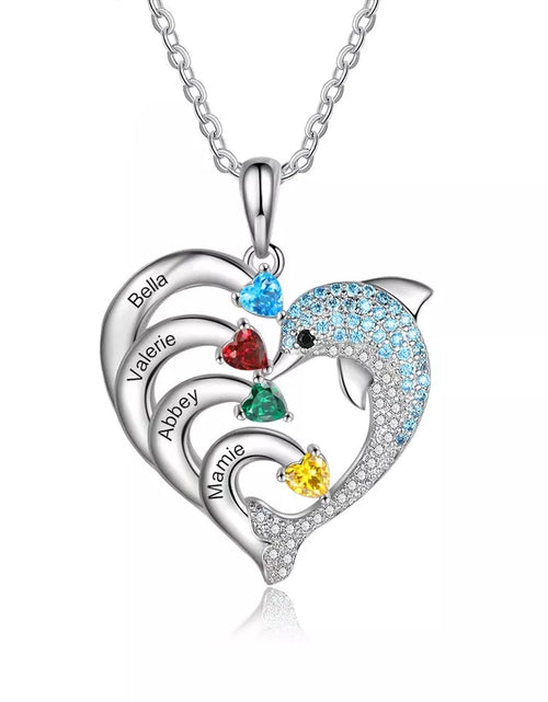 Load image into Gallery viewer, Dolphin Personalized Engraved 2-8 Name Necklace Customized Heart Pendant with Birthstone Christmas Gifts for Mom Family
