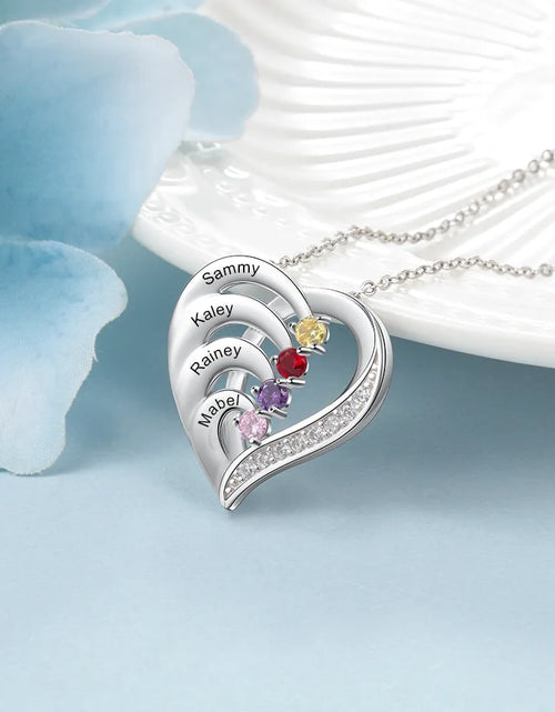 Load image into Gallery viewer, Personalized Heart Necklace with 2-6 Birthstones Custom Engraved Name Mothers Pendant Christmas Gift for Her
