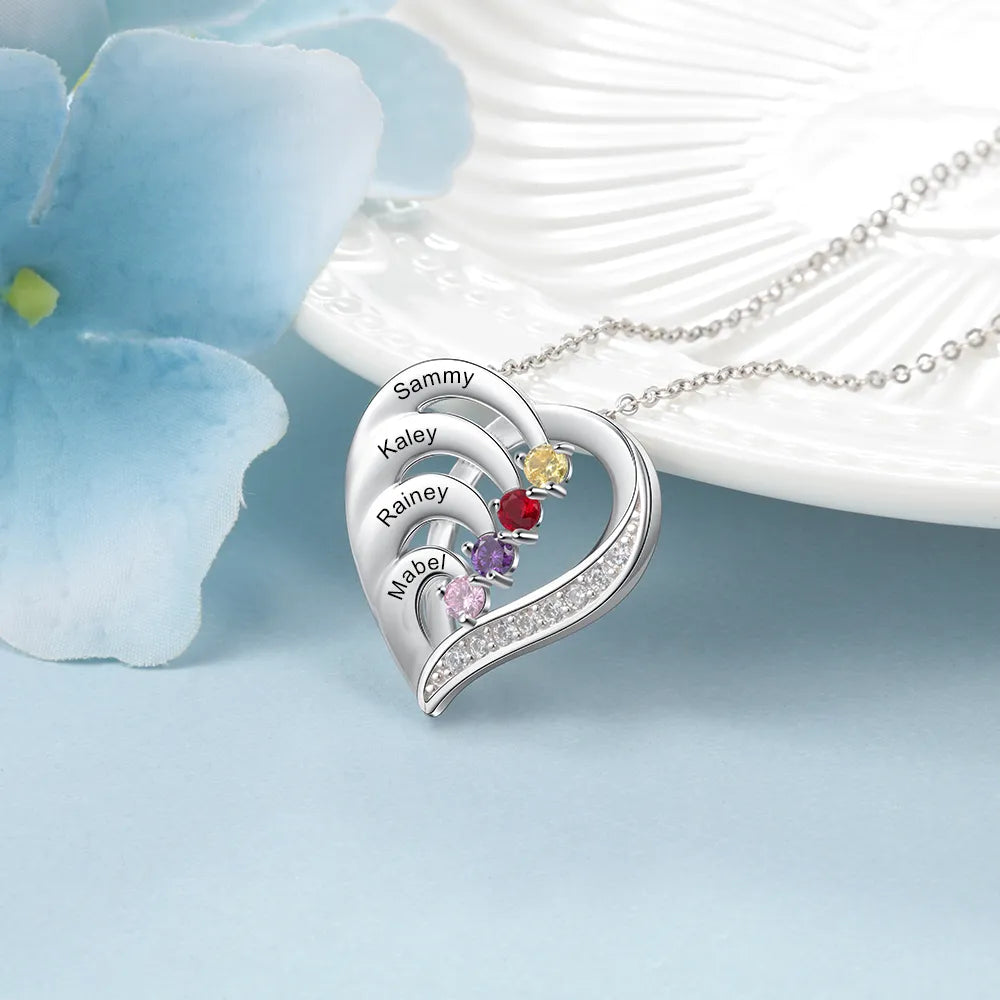 Personalized Heart Necklace with 2-6 Birthstones Custom Engraved Name Mothers Pendant Christmas Gift for Her