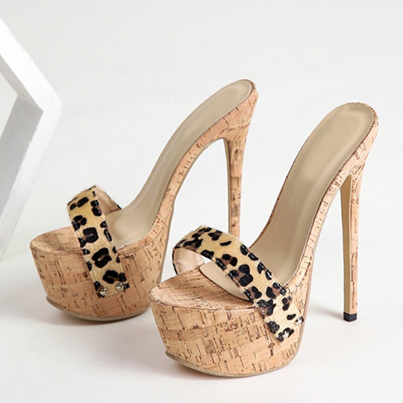 Size 35-42 Platform Slippers For Women Sexy Leopard Grain Dance Sandals Fashion Wooden Thick Bottom High Heels Stripper Shoes