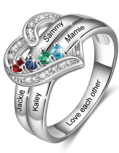 Load image into Gallery viewer, Personalized 1-8 Birthstone Rings Silver Heart Custom Engraved Name Family for Mother Days Aniversary Jewelry
