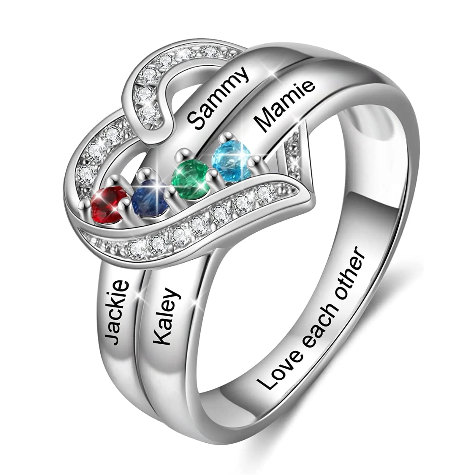 Personalized 1-8 Birthstone Rings Silver Heart Custom Engraved Name Family for Mother Days Aniversary Jewelry