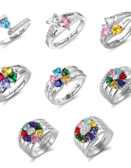 Load image into Gallery viewer, Personalized 1-8 Birthstone Rings Silver Flower Custom Engraved Name Family for Mother Days Aniversary Jewelry
