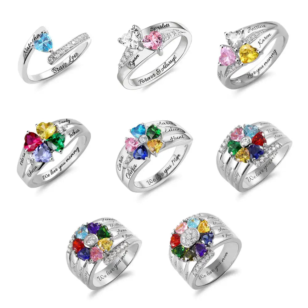 Personalized 1-8 Birthstone Rings Silver Flower Custom Engraved Name Family for Mother Days Aniversary Jewelry