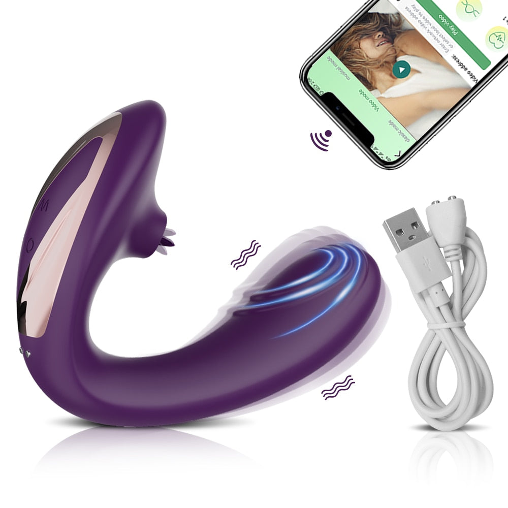 Powerful Bluetooth APP Vibrator Female with Tongue Licking Clitoris Stimulator G Spot Massager Adult Goods Sex Toys for Women