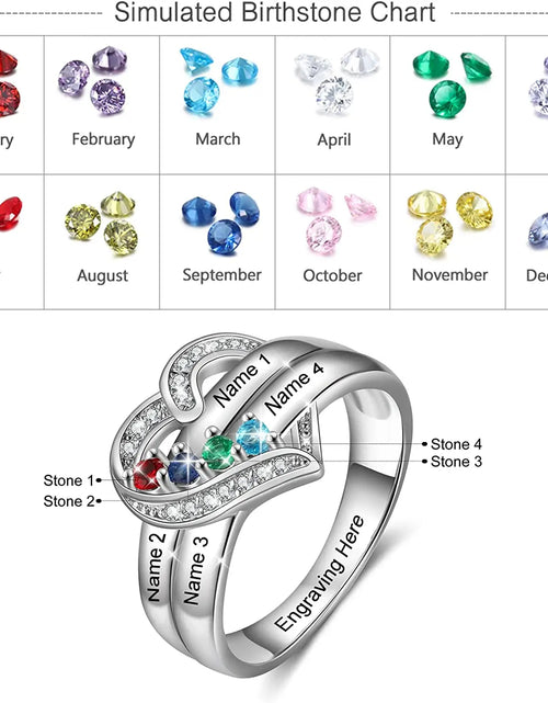 Load image into Gallery viewer, Personalized 1-8 Birthstone Rings Silver Heart Custom Engraved Name Family for Mother Days Aniversary Jewelry
