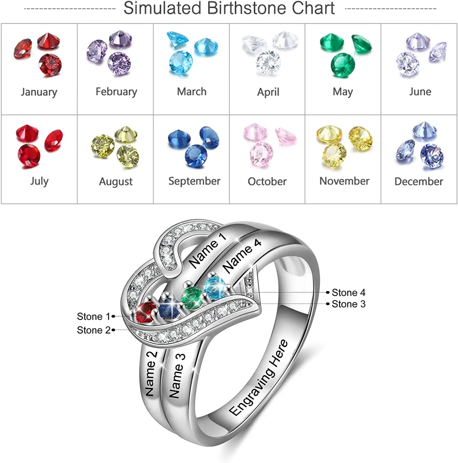 Personalized 1-8 Birthstone Rings Silver Heart Custom Engraved Name Family for Mother Days Aniversary Jewelry