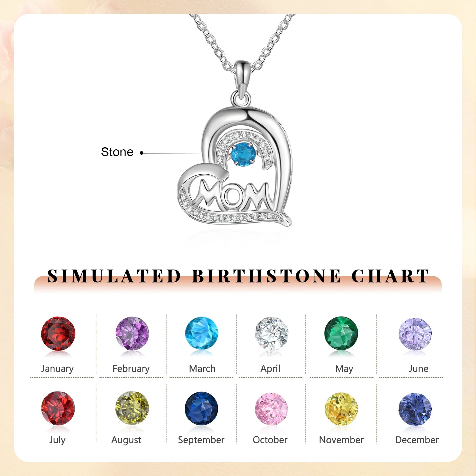 Mother's Day Personalized MOM Birthstone & Name Necklace Love Heart Pendants Custom Birthday Gifts for Women Mom Wife