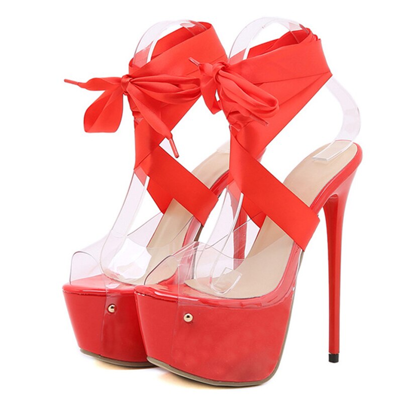 Sexy Red Thigh High Lace-Up Platform Sandals Women 16.5 CM Transparent Shoes Stiletto Peep Toe Nightclub Stripper Heels