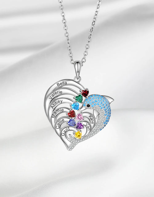 Load image into Gallery viewer, Dolphin Personalized Engraved 2-8 Name Necklace Customized Heart Pendant with Birthstone Christmas Gifts for Mom Family
