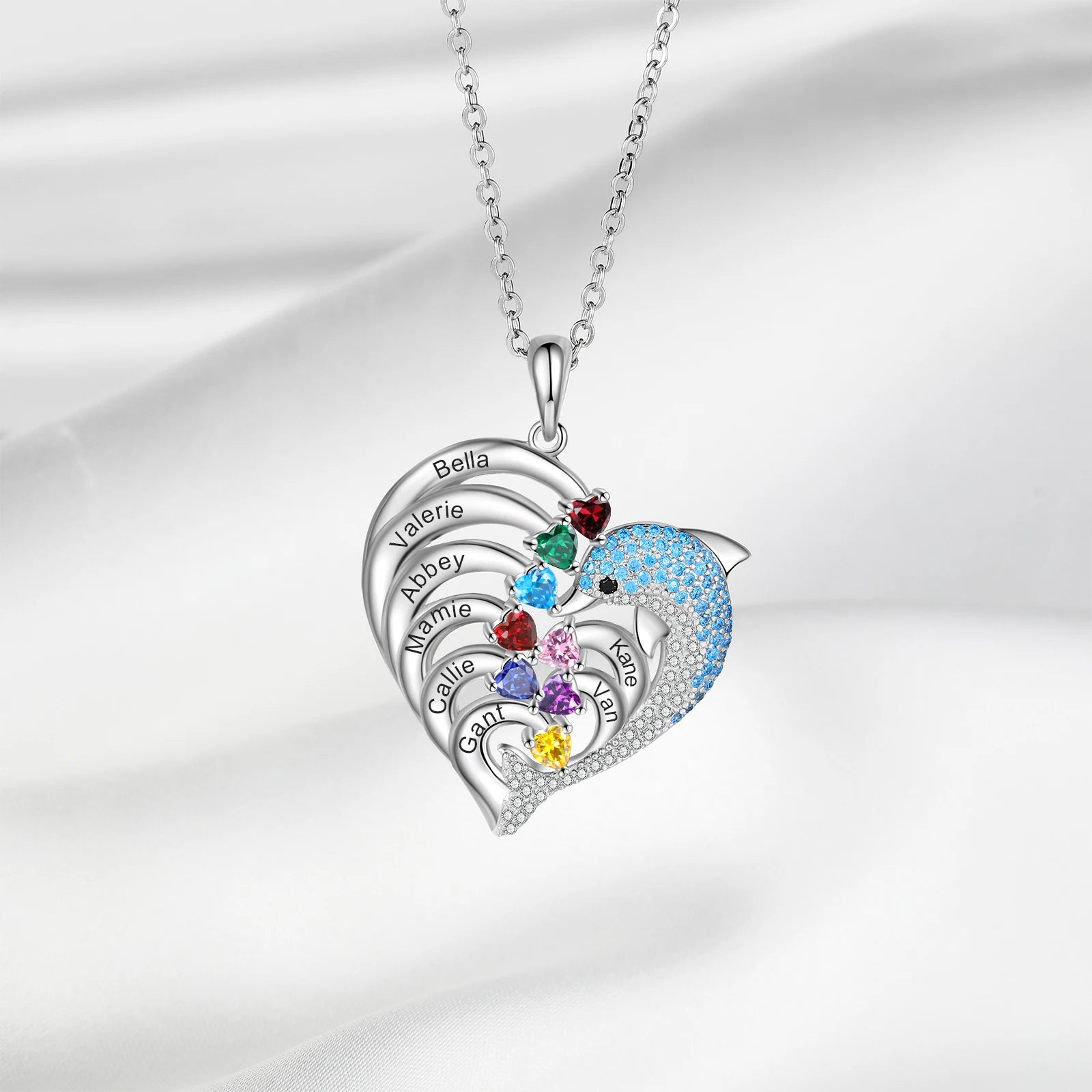 Dolphin Personalized Engraved 2-8 Name Necklace Customized Heart Pendant with Birthstone Christmas Gifts for Mom Family