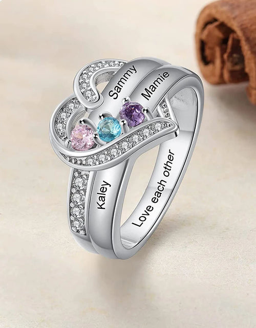 Load image into Gallery viewer, Personalized 1-8 Birthstone Rings Silver Heart Custom Engraved Name Family for Mother Days Aniversary Jewelry
