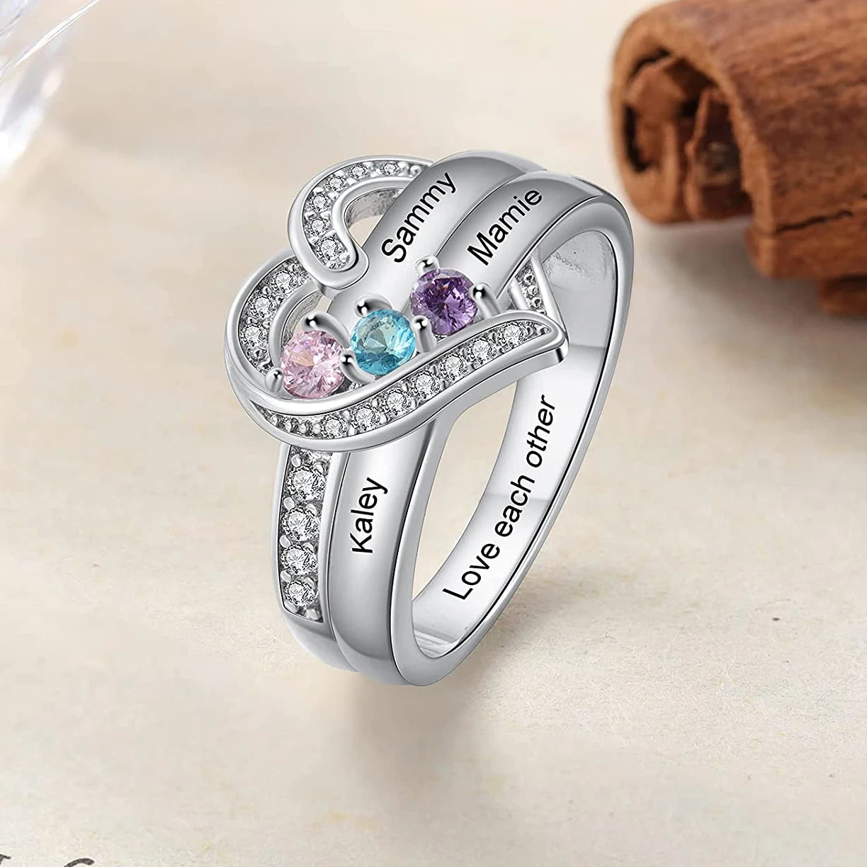 Personalized 1-8 Birthstone Rings Silver Heart Custom Engraved Name Family for Mother Days Aniversary Jewelry