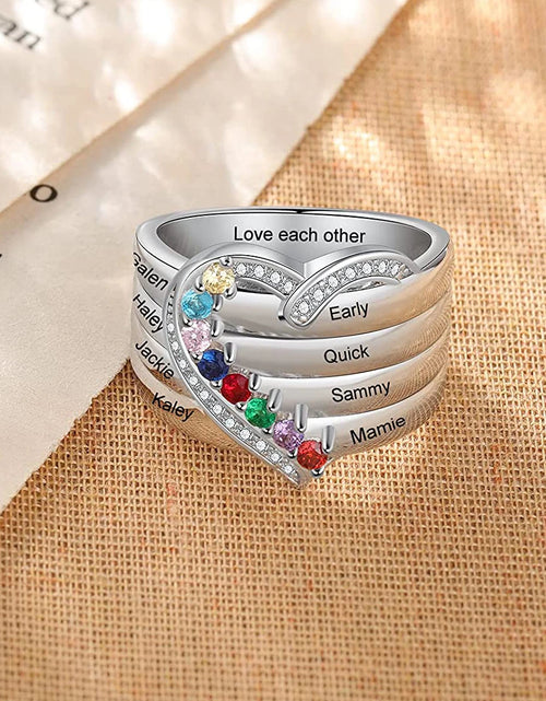 Load image into Gallery viewer, Personalized 1-8 Birthstone Rings Silver Heart Custom Engraved Name Family for Mother Days Aniversary Jewelry
