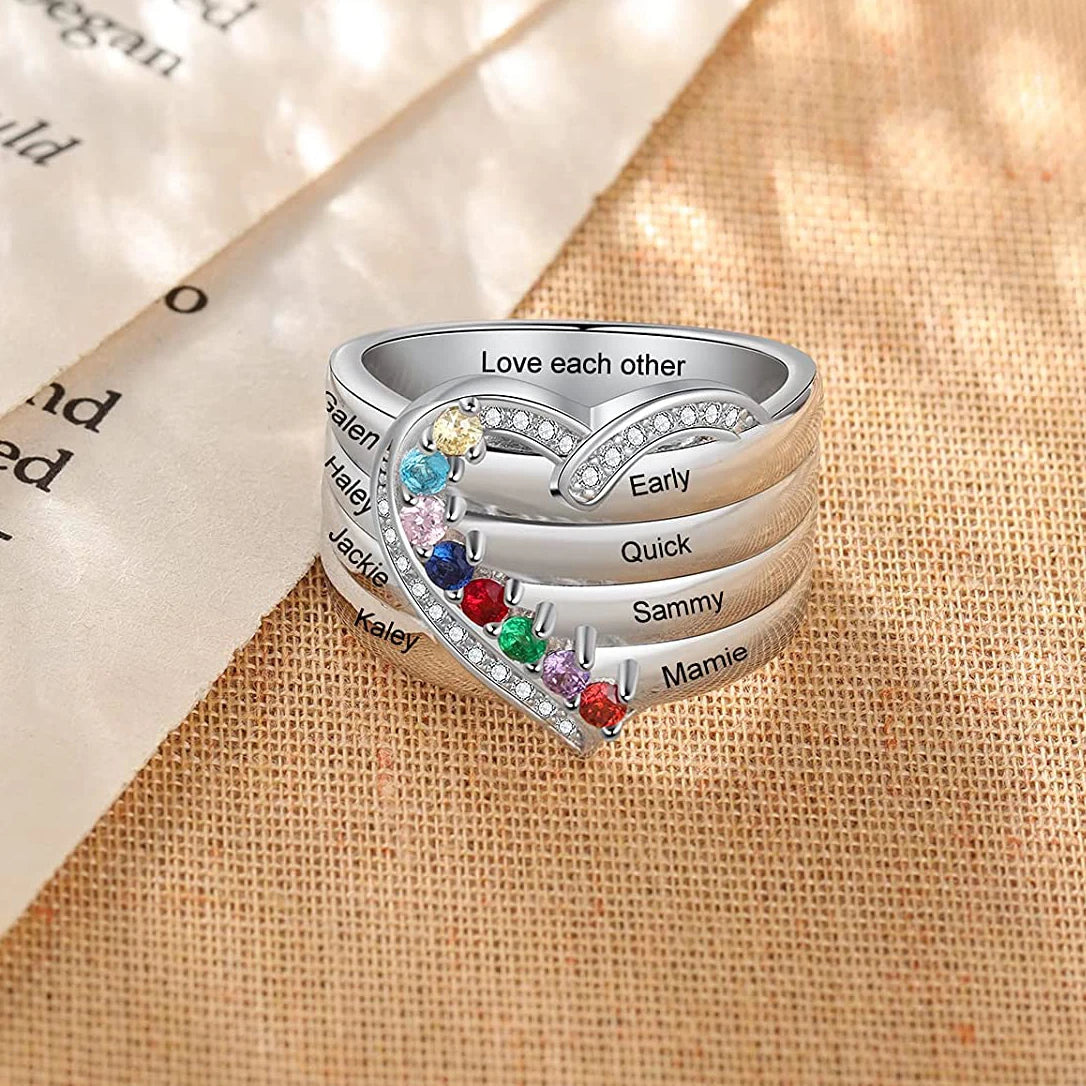 Personalized 1-8 Birthstone Rings Silver Heart Custom Engraved Name Family for Mother Days Aniversary Jewelry