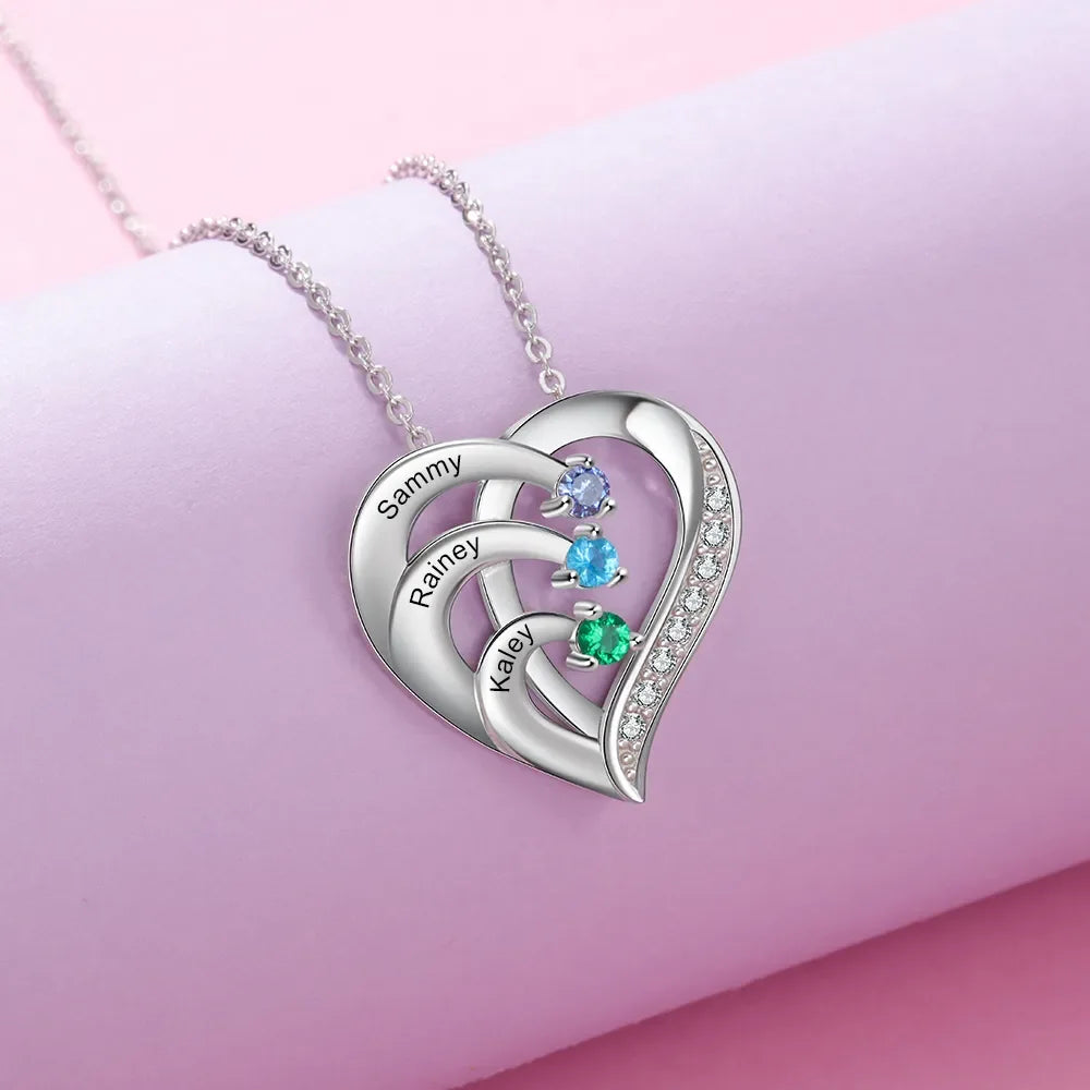 Personalized Heart Necklace with 2-6 Birthstones Custom Engraved Name Mothers Pendant Christmas Gift for Her