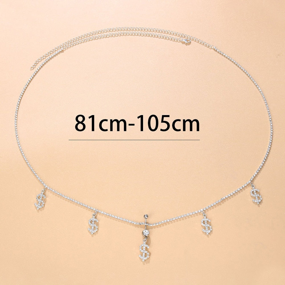 Dollar Sign Waist Chain Women Belt Jewelry Stainless Steel Crystal Sexy Bar Barbell Navel Button Hot Sale Piercing Jewelry Belly