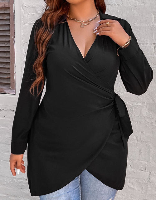 Load image into Gallery viewer, Large Plus Size 4XL Blouse for Women 2022 Peplum Tunic Tops Autumn Winter Black Belt Curvy Casual Oversized Solid Loose T Shirts
