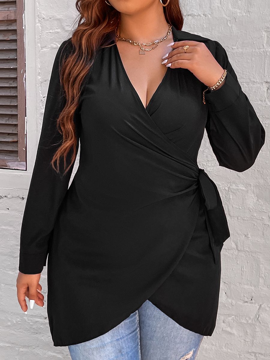 Large Plus Size 4XL Blouse for Women 2022 Peplum Tunic Tops Autumn Winter Black Belt Curvy Casual Oversized Solid Loose T Shirts