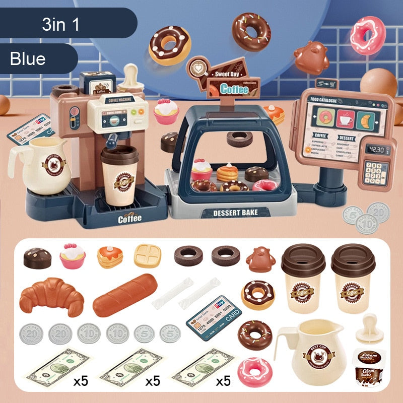 Kids Coffee Machine Toy Set Kitchen Toys Simulation Food Bread Coffee Cake Pretend Play Shopping Cash Register Toys For Children