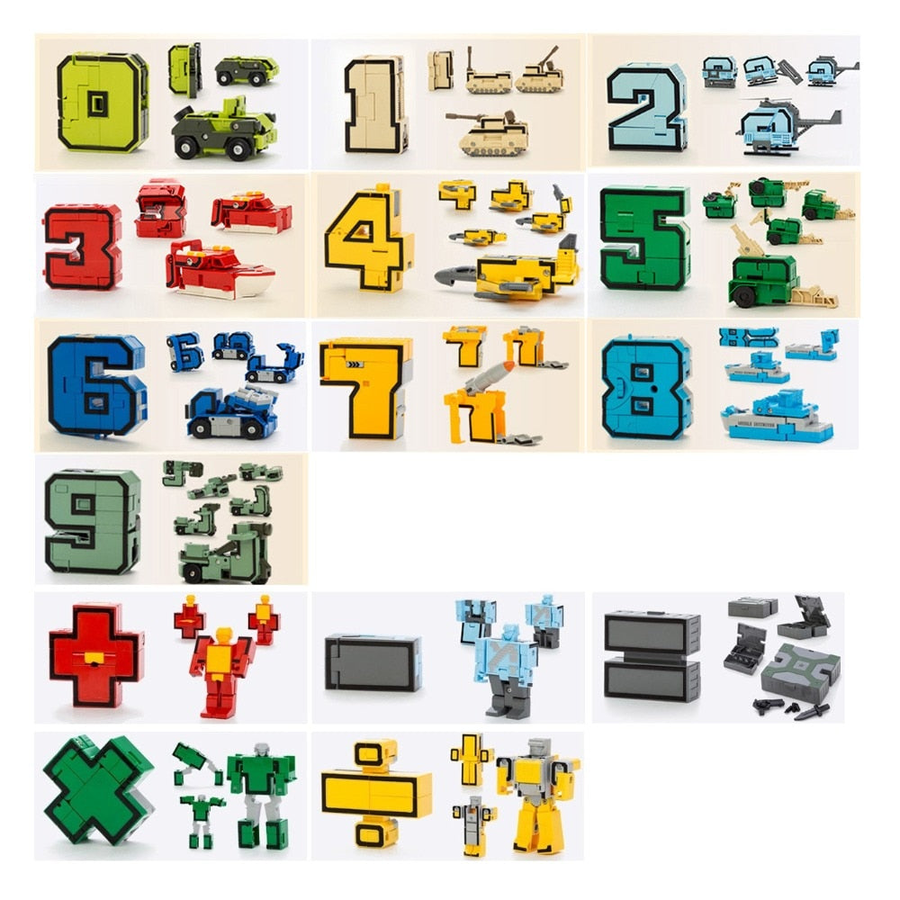 Educational Assemble Robots Transformation Building Blocks Action Figure Car Model Deform Number Letters Alphabet Math Toys