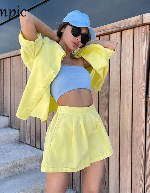 Load image into Gallery viewer, New Casual Summer Tracksuit Female Two Piece Set Solid Color Turn-Down Collar Short Sleeve Shirt Tops And Loose Mini Shorts Suit
