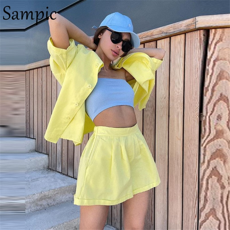 New Casual Summer Tracksuit Female Two Piece Set Solid Color Turn-Down Collar Short Sleeve Shirt Tops And Loose Mini Shorts Suit