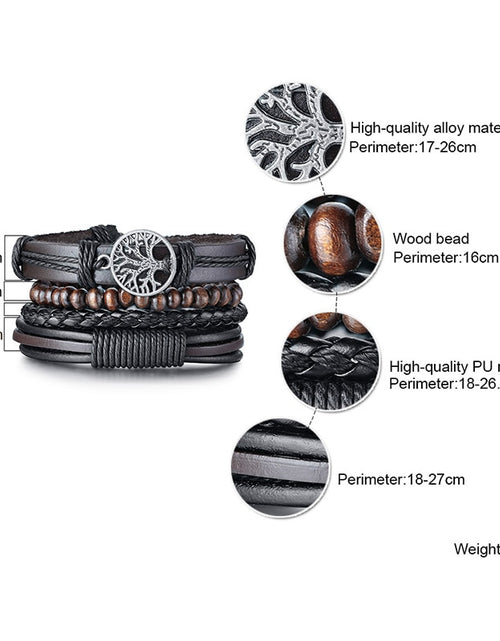 Load image into Gallery viewer, 4Pcs/ Set Braided Wrap Leather Bracelets for Men Vintage Life Tree Rudder Charm Wood Beads Ethnic Tribal Wristbands
