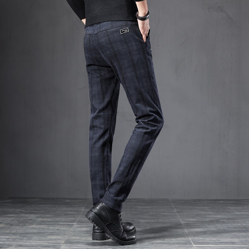 2023 Spring Autumn England Plaid Work Stretch Pants Men Cotton Business Fashion Slim Grey Blue Casual Pant Male Brand Trouser 38