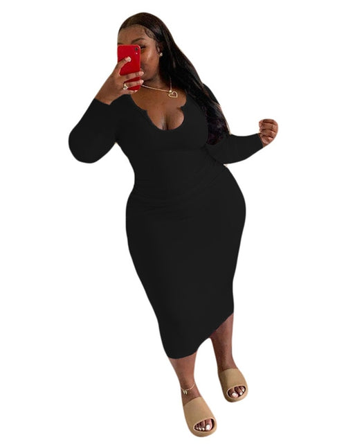 Load image into Gallery viewer, Plus Size Women Clothing O-Neck Solid Midi Dress Bodycon Sexy Fall Elegant Long Sleeve Dresses Party Wholesale Dropshipping
