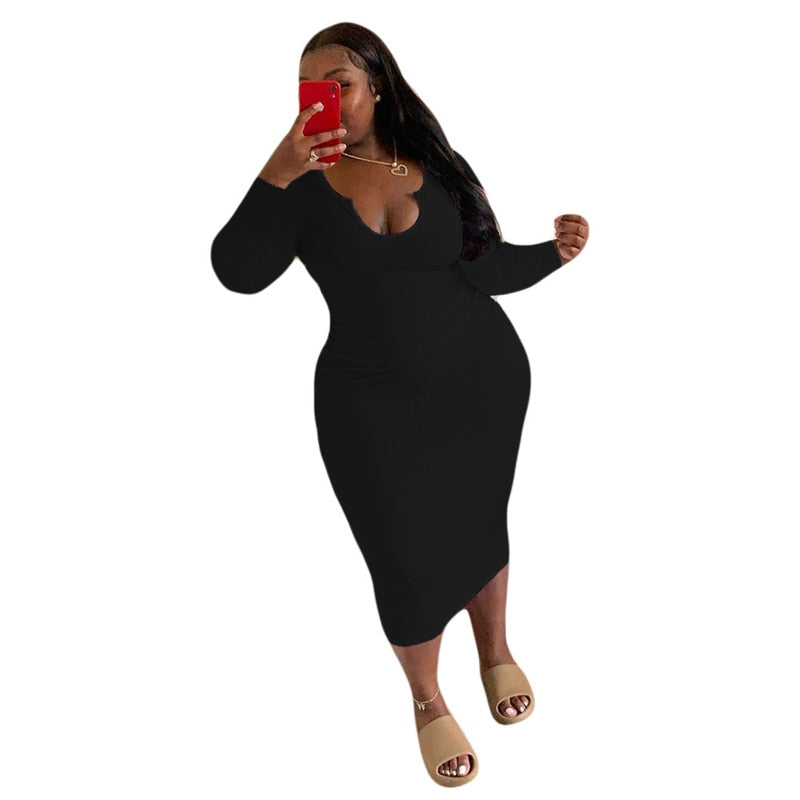 Plus Size Women Clothing O-Neck Solid Midi Dress Bodycon Sexy Fall Elegant Long Sleeve Dresses Party Wholesale Dropshipping