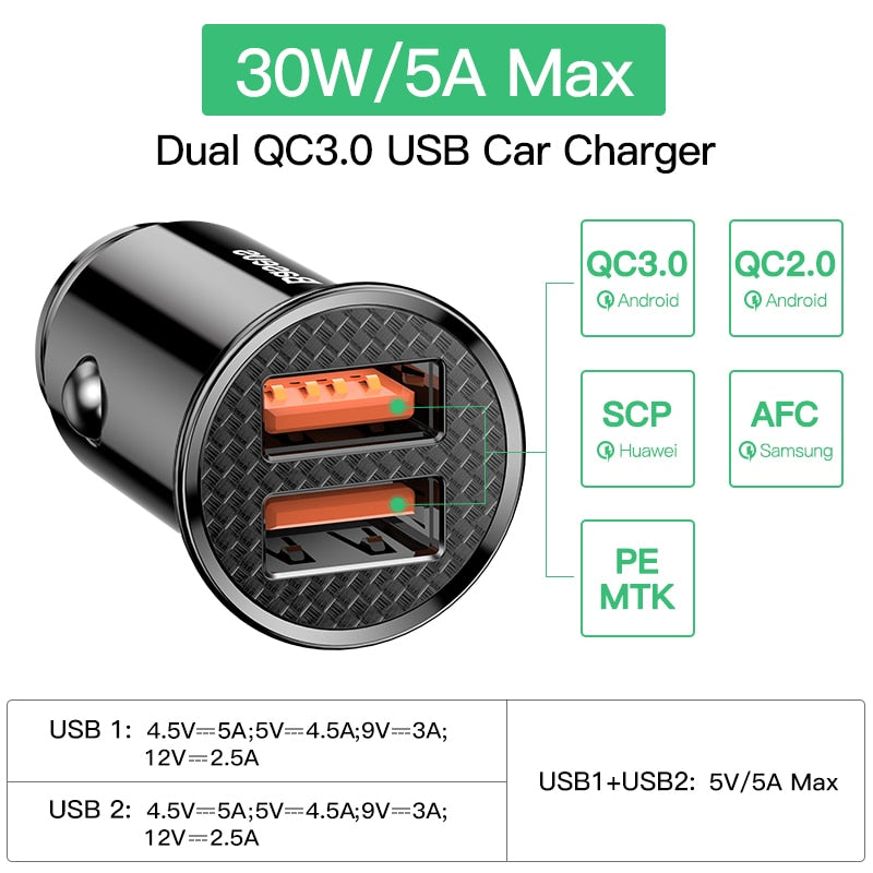 30W USB Car Charger Quick Charge 4.0 3.0 FCP SCP USB PD For Xiaomi iPhone 12 13 14 Pro Fast Charging Car Phone Charger