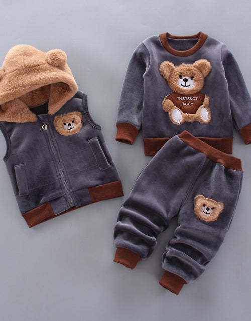 Load image into Gallery viewer, Baby Boys And Girls Clothing Set Tricken Fleece Children Hooded Outerwear Tops Pants 3PCS Outfits Kids Toddler Warm Costume Suit
