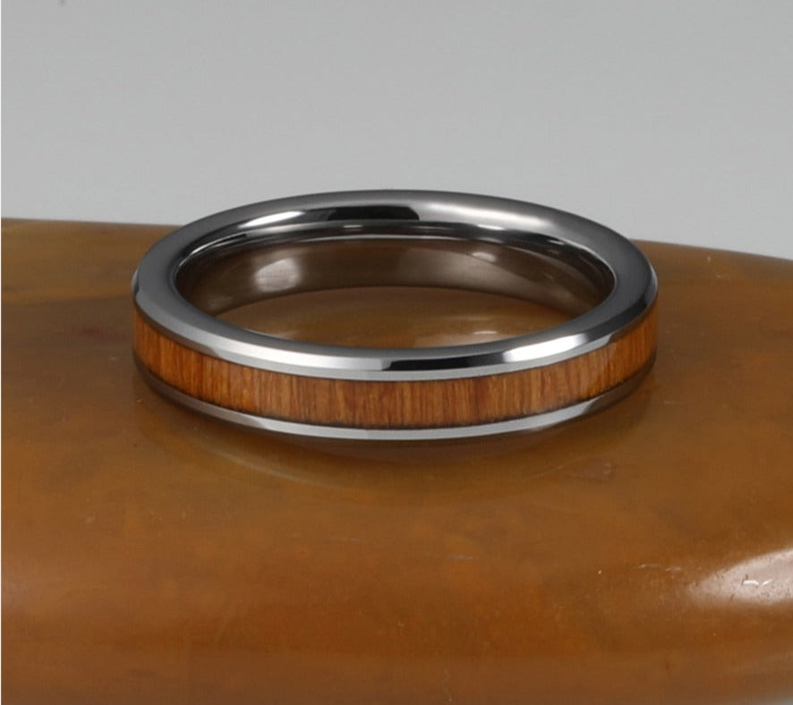 4mm Tungsten Carbide Ring Vintage Koa Wood Inlay For Women Men Wedding Band Jewelry Gift Beveled Edges High Polished Comfort Fit