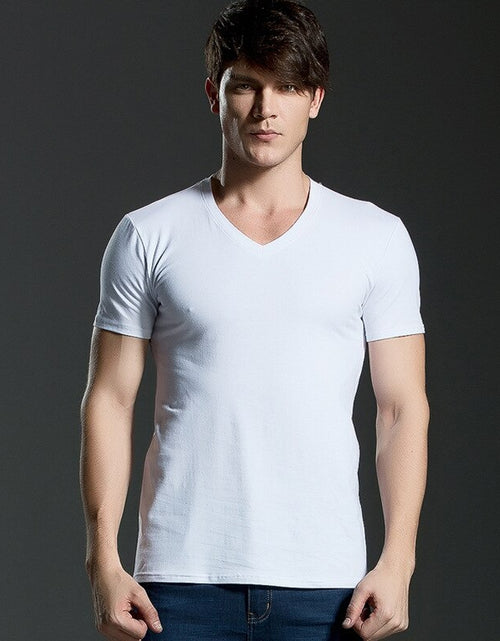 Load image into Gallery viewer, Brand New summer men&#39;s short-sleeved cotton T-shirt men&#39;s pure black casual slim v collar and o-neck Men&#39;s tops
