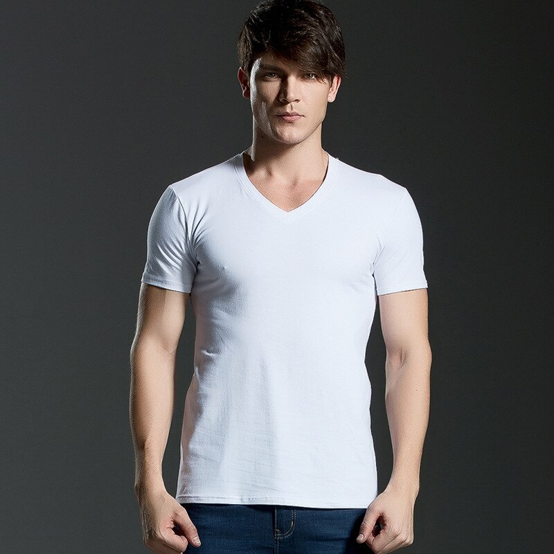 Brand New summer men&#39;s short-sleeved cotton T-shirt men&#39;s pure black casual slim v collar and o-neck Men&#39;s tops