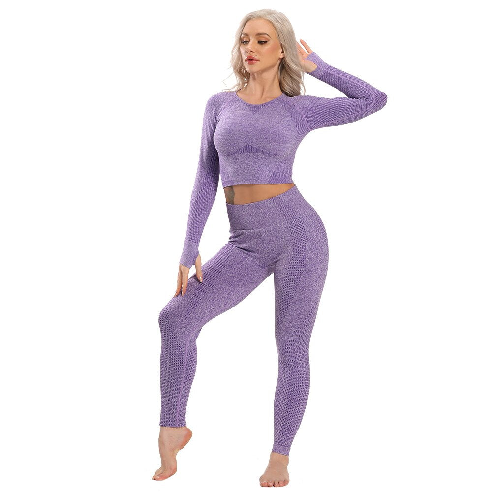 Seamless Yoga Set Fitness Women&#39;s Tracksuit Female Long Sleeve Crop Top High Waist Sports Leggings Workout Suits Gym Sportswear