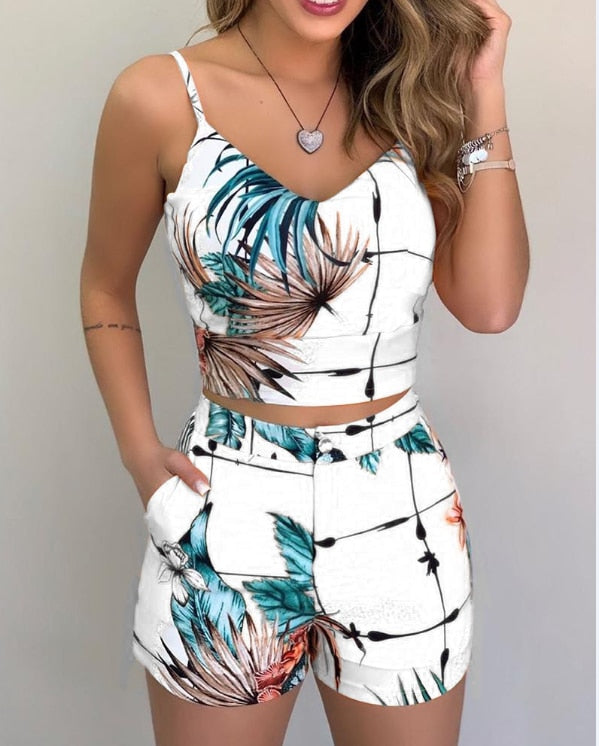 Summer Women Fashion 2-piece Outfit Set Sleeveless Print Top and Shorts Set for Ladies Women Party wear