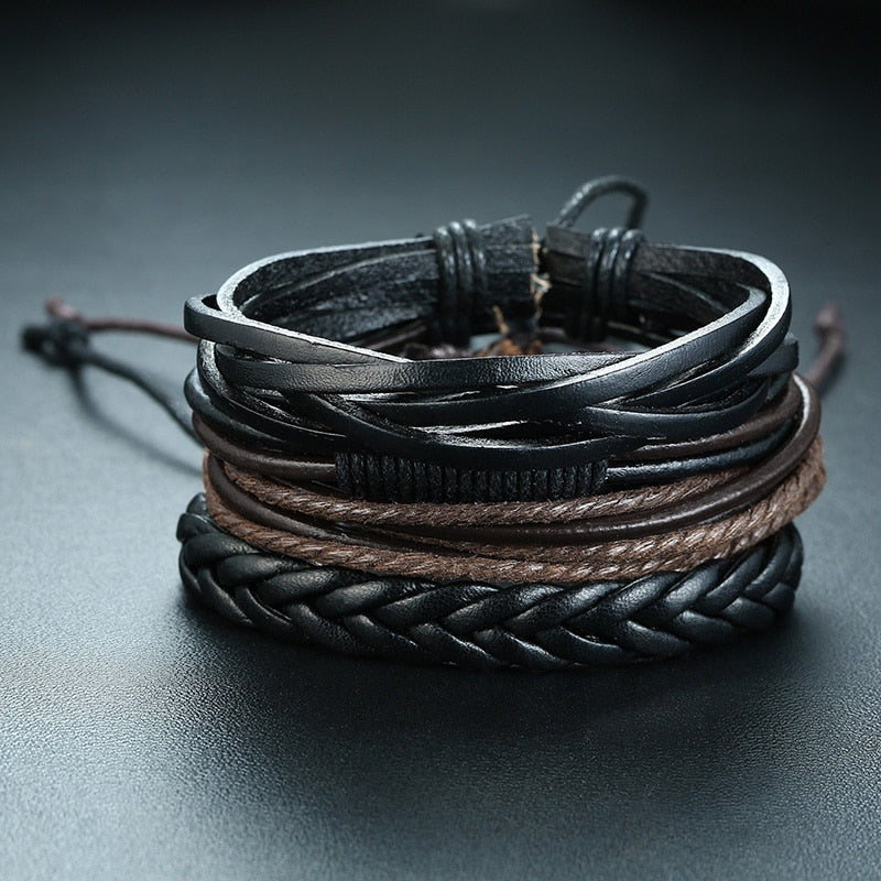 4Pcs/ Set Braided Wrap Leather Bracelets for Men Vintage Life Tree Rudder Charm Wood Beads Ethnic Tribal Wristbands