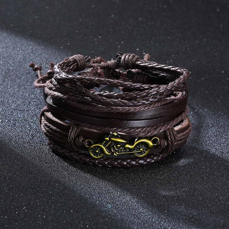 4Pcs/ Set Braided Wrap Leather Bracelets for Men Vintage Life Tree Rudder Charm Wood Beads Ethnic Tribal Wristbands