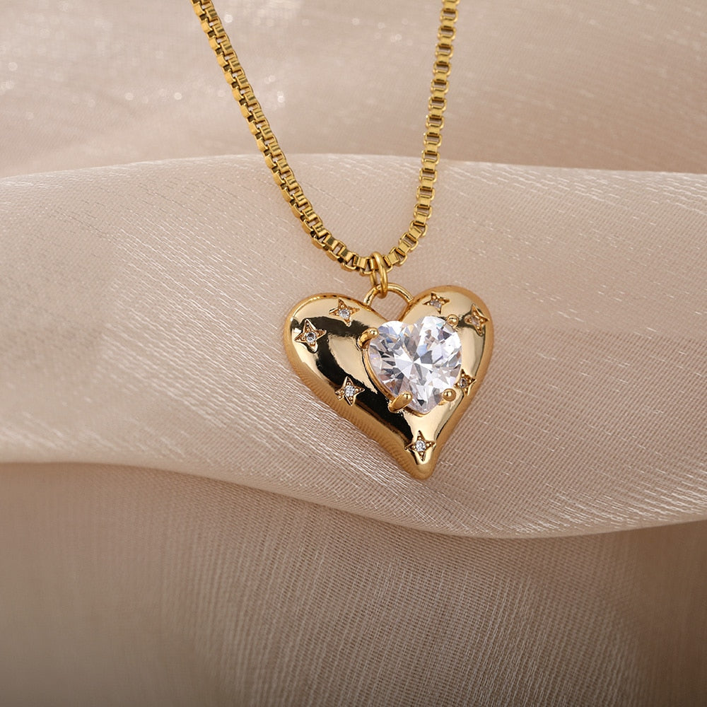 Heart Zircon Necklace for Women Stainless Steel Gold  Color Necklaces 2022 Trend Koeran Fashion Couple Jewelry collar