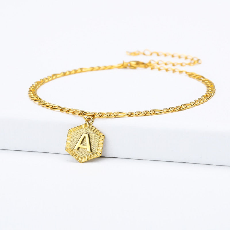 Dainty A-Z letter Anklet Hexagon Shaped Initial Ankle Bracelet Stainless Steel Feet Jewelry Leg Chain Women Men Gifts