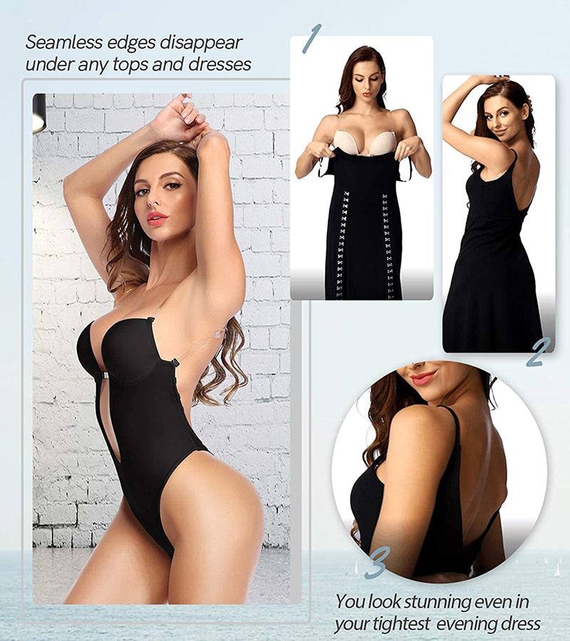 Women Plunging Deep V-Neck Strapless Backless Bodysuit Seamless Thong Full Body Shapewear for Wedding Party