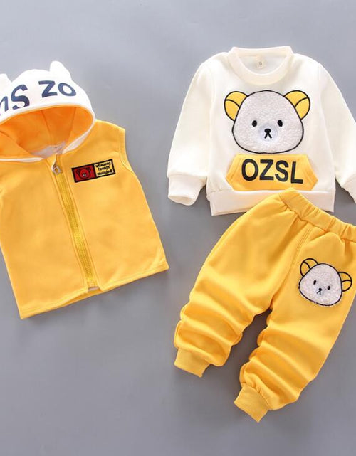 Load image into Gallery viewer, Baby Boys And Girls Clothing Set Tricken Fleece Children Hooded Outerwear Tops Pants 3PCS Outfits Kids Toddler Warm Costume Suit
